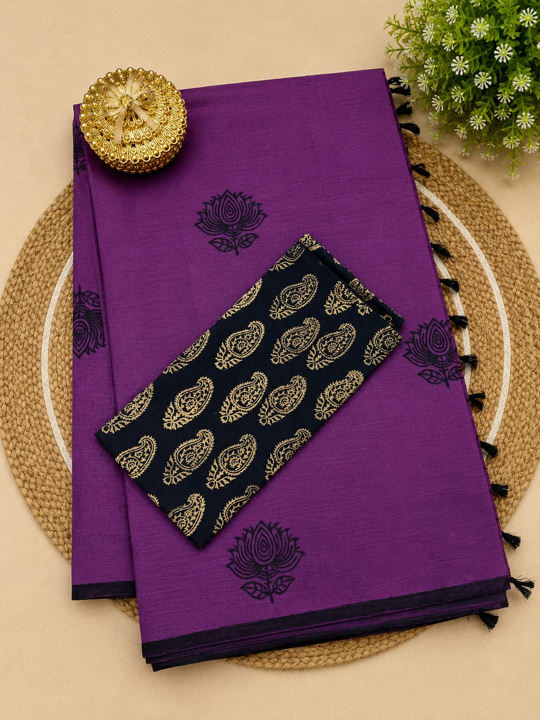 southcottonmix block printed saree with self and contrast blouse